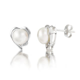 Juliet Freshwater Pearl & Diamond Heart Studs in Silver
