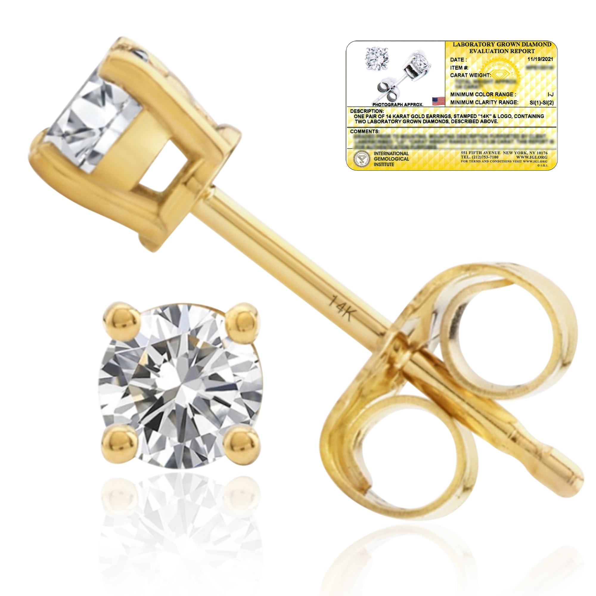 Everyday Solitaire Lab Diamond Studs in 14k Gold, IGI Certified