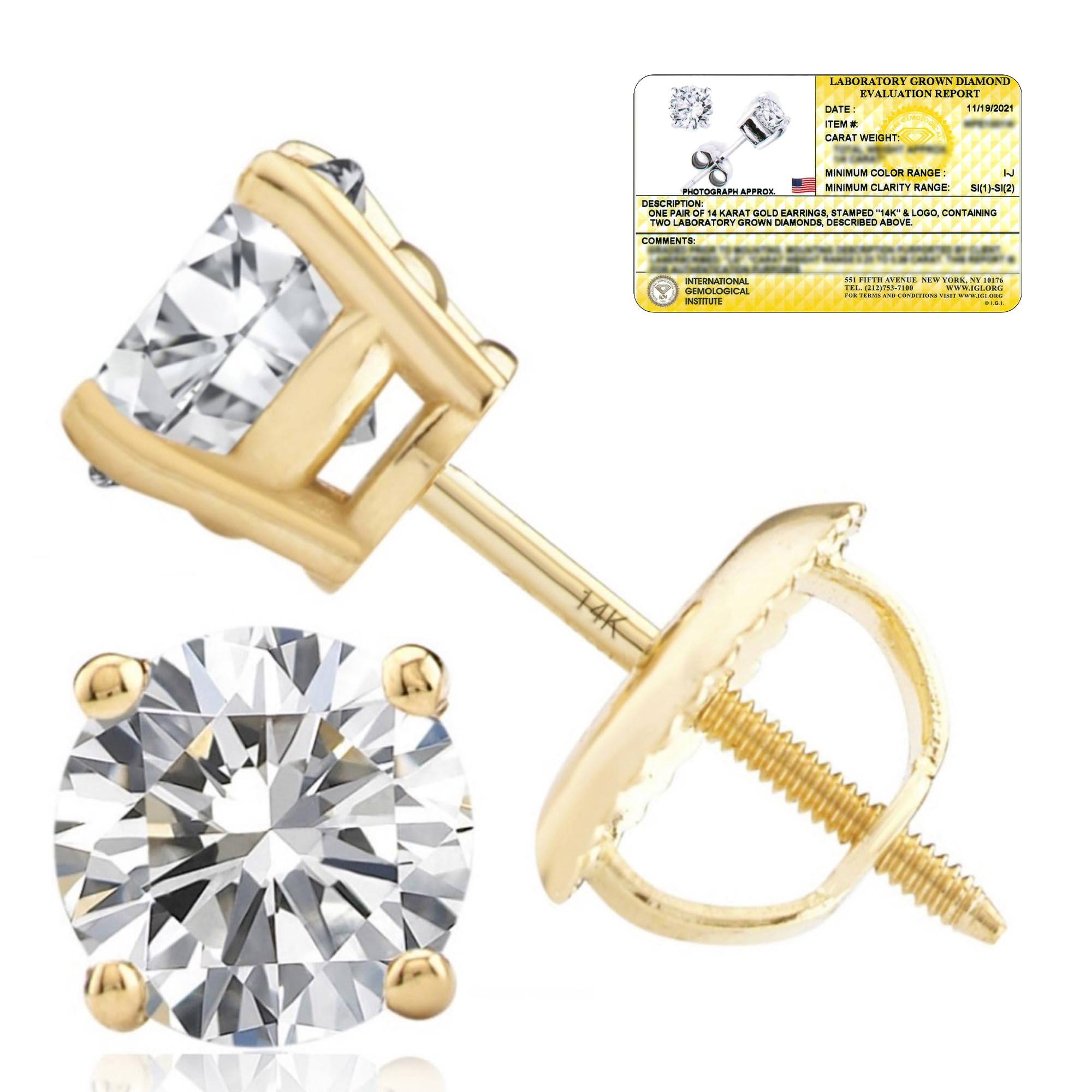Everyday Solitaire Lab Diamond Studs in 14k Gold, IGI Certified