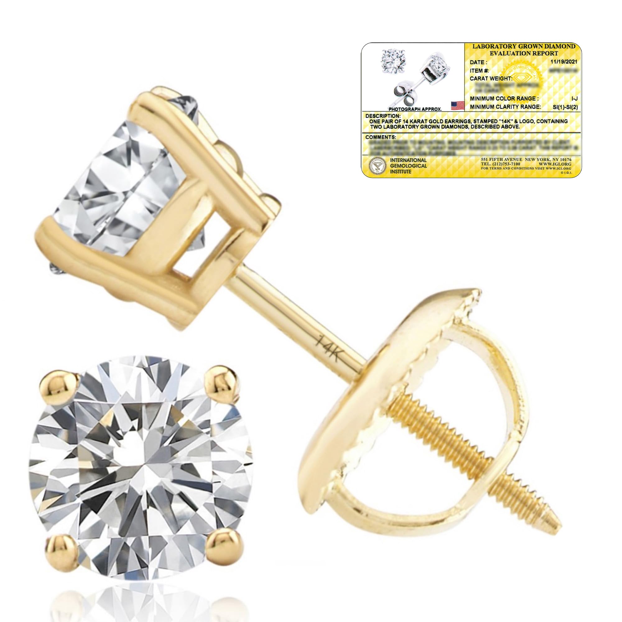 Everyday Solitaire Lab Diamond Studs in 14k Gold, IGI Certified