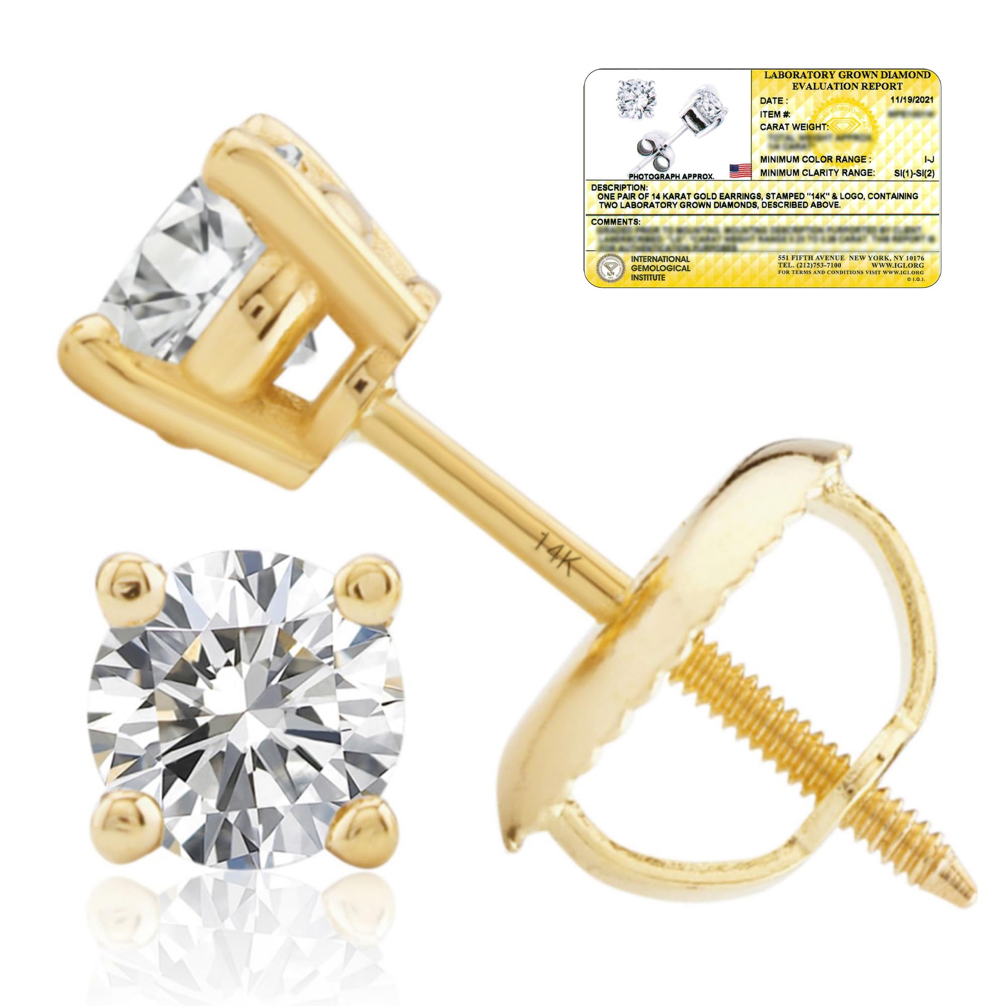 Everyday Solitaire Lab Diamond Studs in 14k Gold, IGI Certified