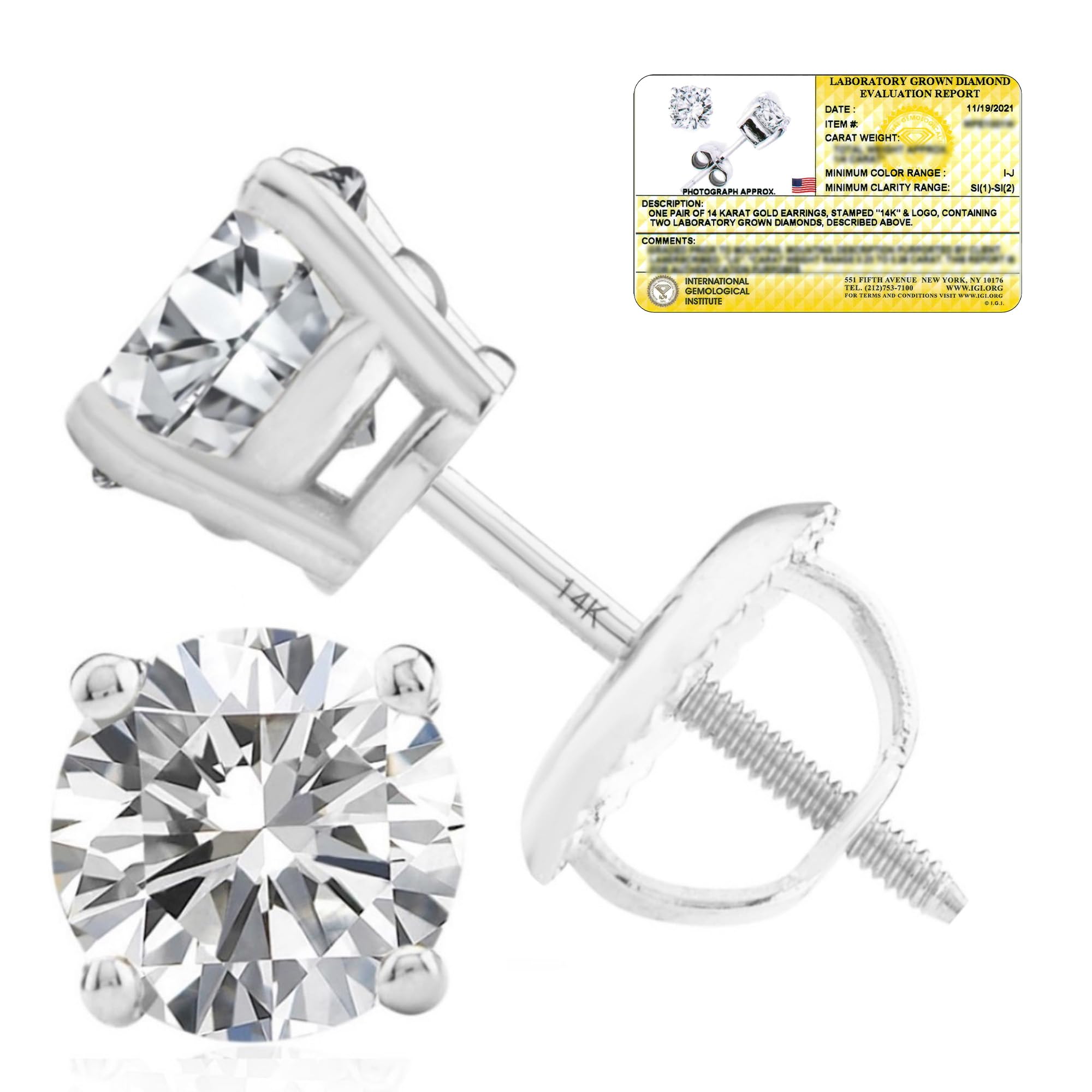 Everyday Solitaire Lab Diamond Studs in 14k Gold, IGI Certified