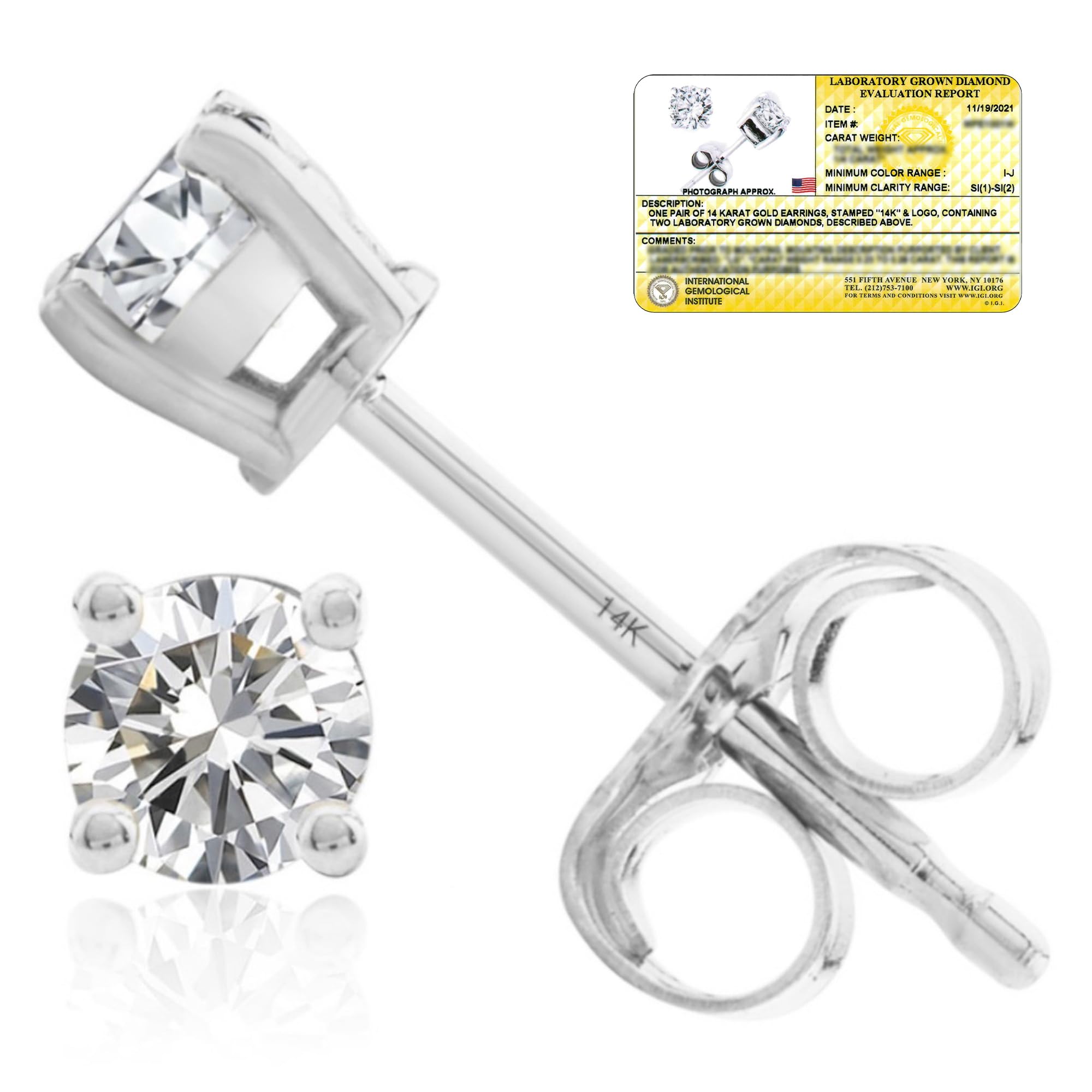 Everyday Solitaire Lab Diamond Studs in 14k Gold, IGI Certified
