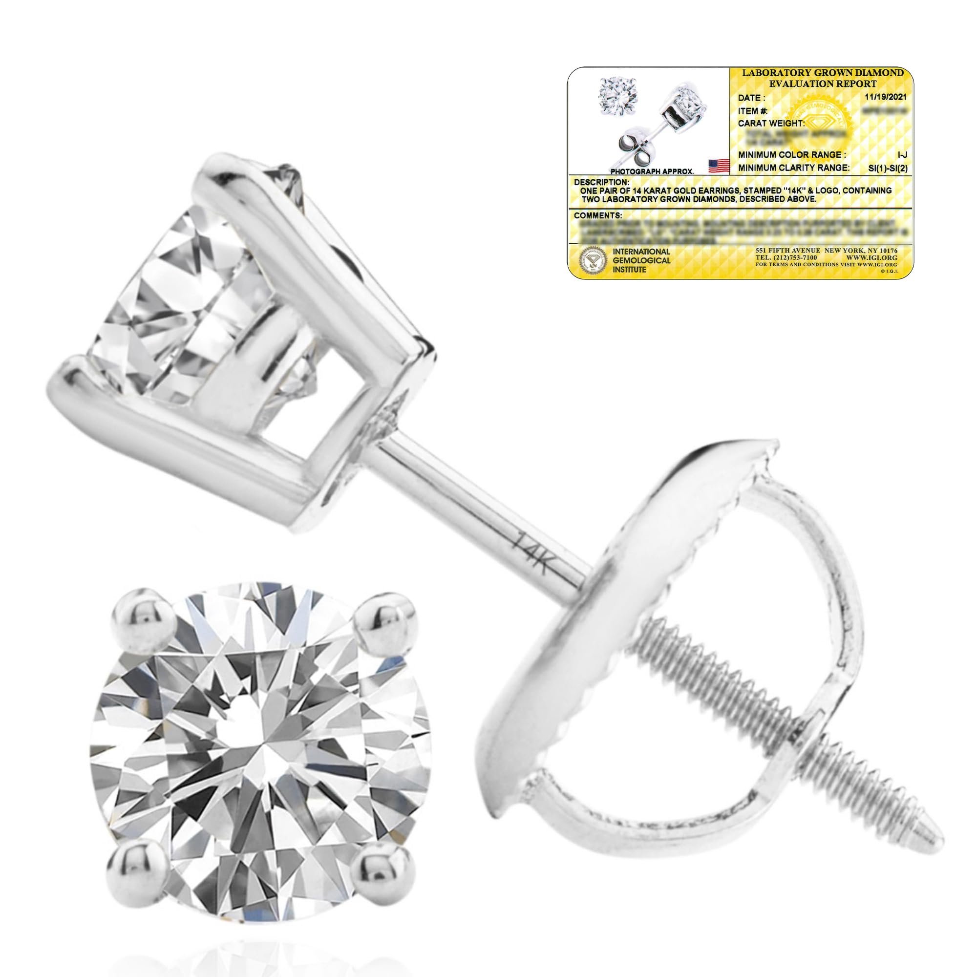 Everyday Solitaire Lab Diamond Studs in 14k Gold, IGI Certified