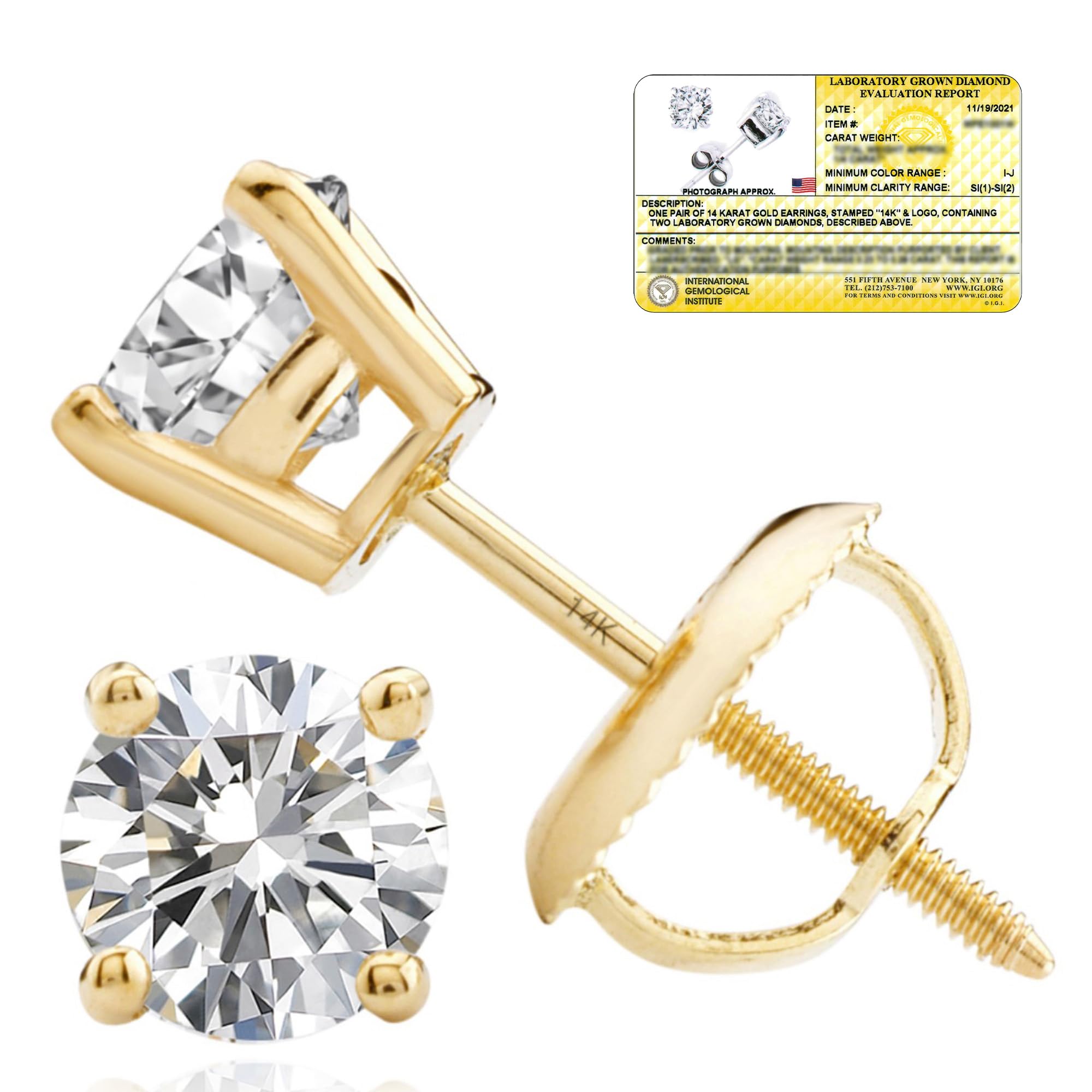 Everyday Solitaire Lab Diamond Studs in 14k Gold, IGI Certified