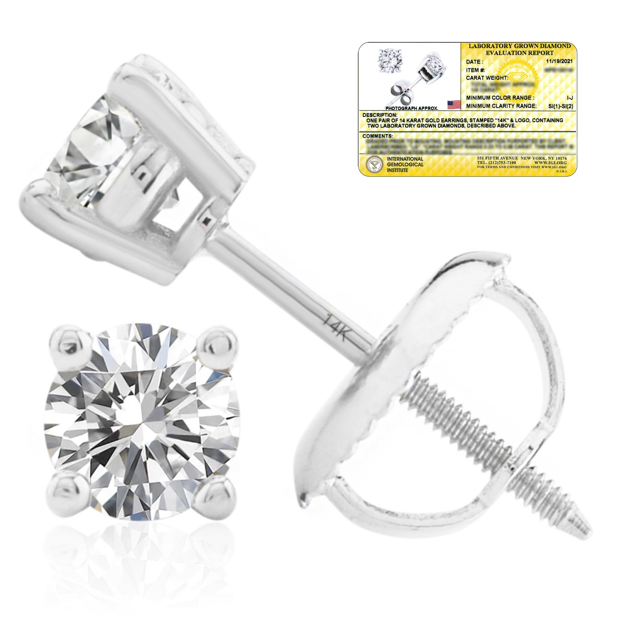 Everyday Solitaire Lab Diamond Studs in 14k Gold, IGI Certified