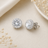 Halo Clear Crystal Stud Earrings in 925 Silver
