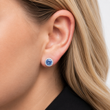 Halo Blue Crystal Stud Earrings in 925  Silver