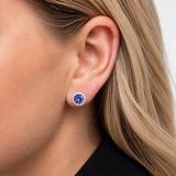Halo Purple Crystal Stud Earrings in 925 Silver