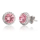 Halo Pink Crystal Stud Earrings in 925 Silver