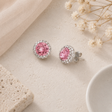 Halo Pink Crystal Stud Earrings in 925 Silver