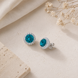 Halo Turquoise Crystal Stud Earrings in 925 Silver