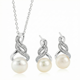 Sterling Silver Pearl & Diamond Necklace and Earring Set