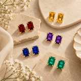 14K Gold Emerald-Cut Gemstone Stud Earrings