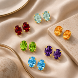 14K Gold Oval Gemstone Stud Earrings