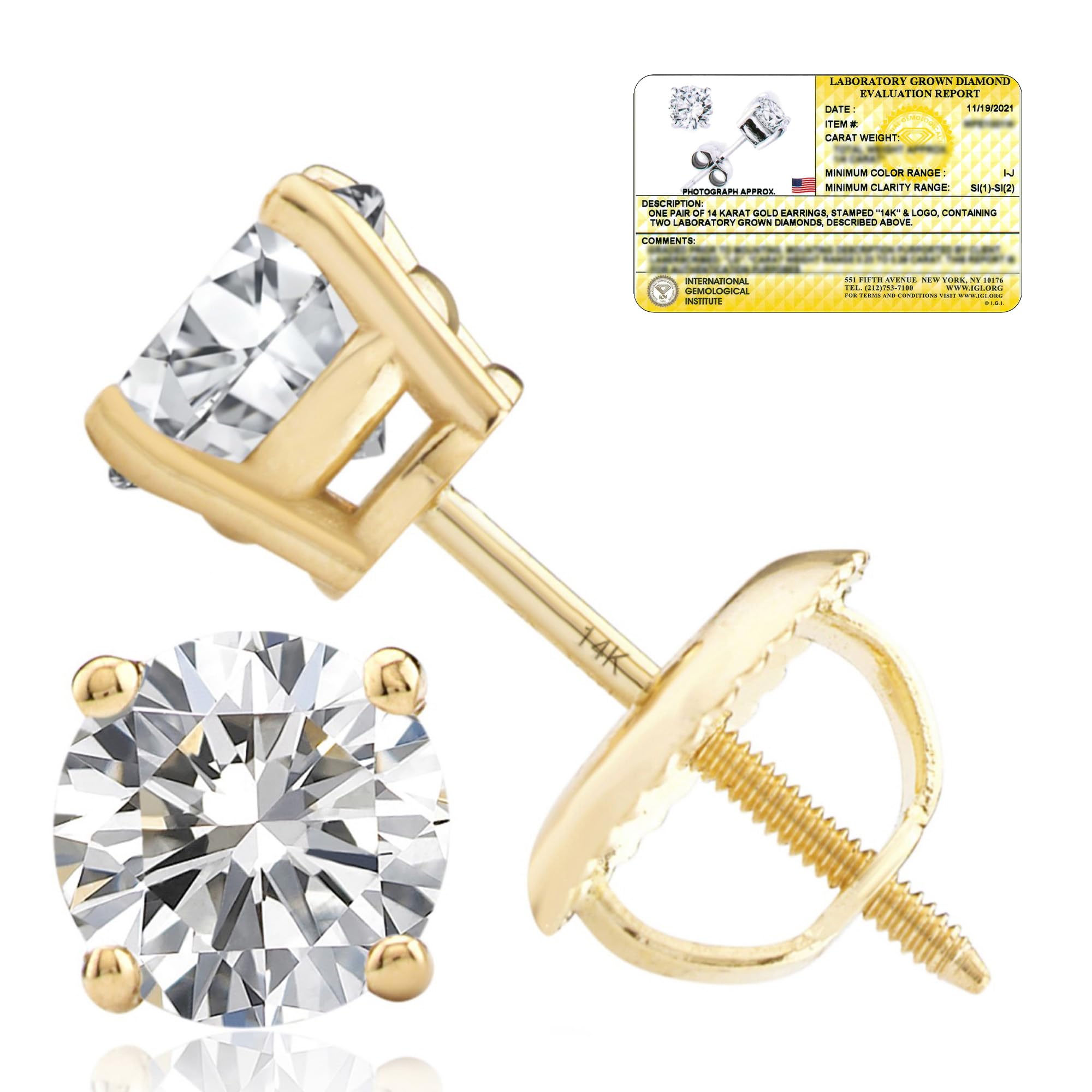 Everyday Solitaire Lab Diamond Studs in 14k Gold, IGI Certified